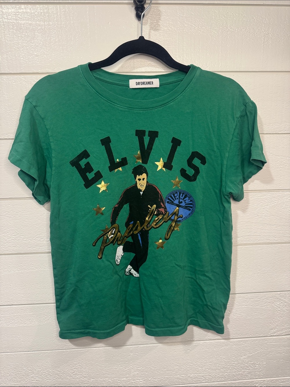 Daydreamer Green Elvis Presley Graphic Tee with Gold Star Accents-xs